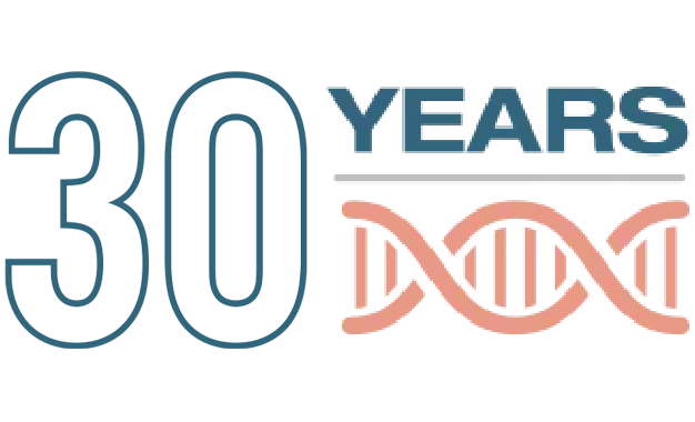 30 year callout or badge for DNA Diagnostics Center, also known as DDC, the relationship testing company is 30 years old, founded in 1995