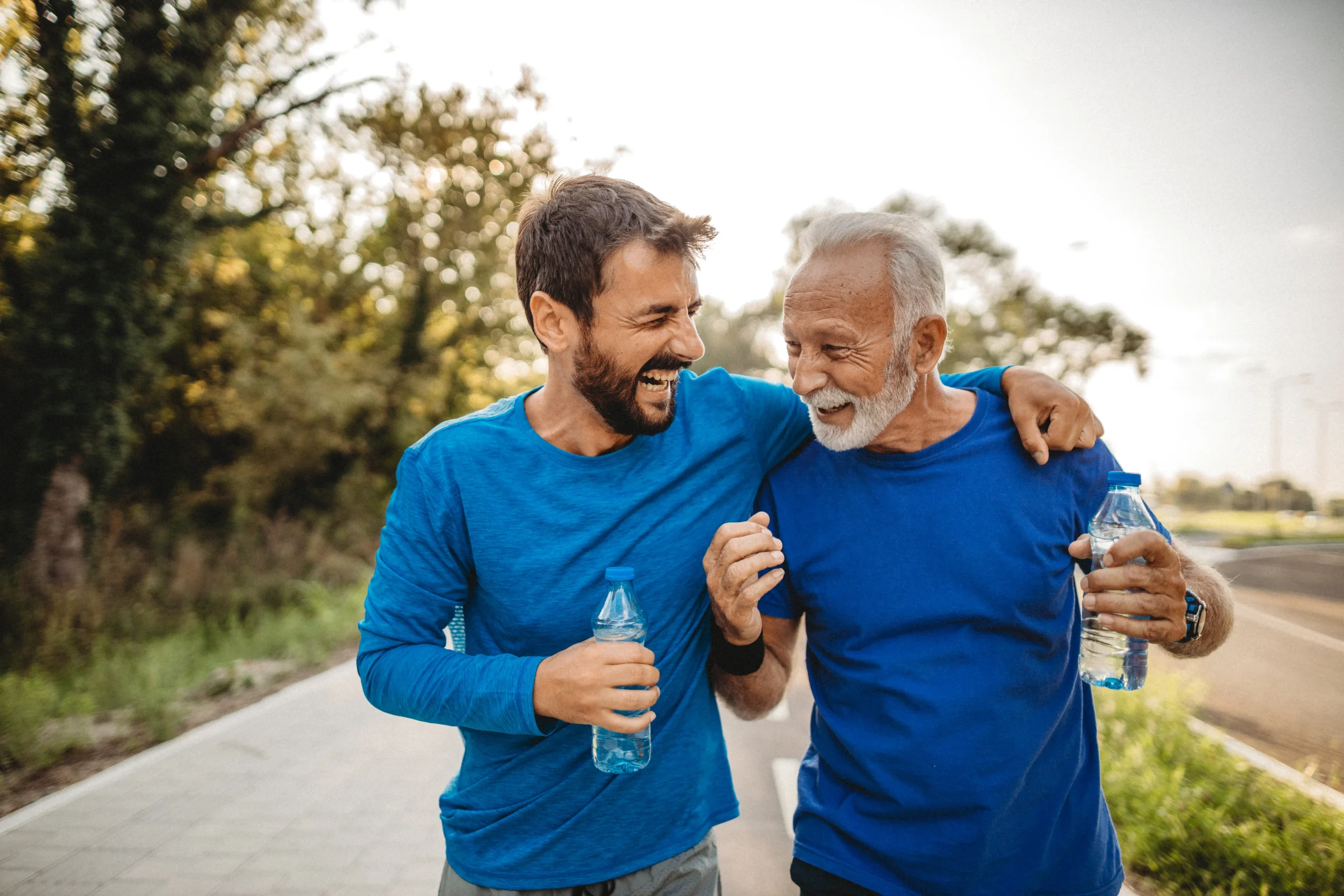 father and son walking