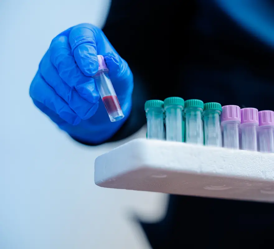 Lab technician in gloves holding a blood sample tube with additional test tubes arranged in the background for DNA analysis